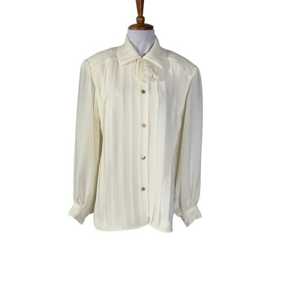 Vintage 80s Ivory Tie Neck Pleated Bouse by Ms. Chaus large - Picture 4 of 9